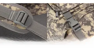 Detail of durable plastic buckles and camouflage nylon straps on tactical backpack