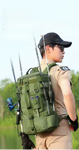 Detail showing tactical side hanging system and fishing rod holders on the backpack
