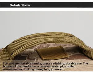 Tactical backpack top handle close-up with camouflage nylon and water pipe outlet