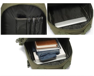 Detailed view of tactical backpack interior with laptop compartment and pen slots