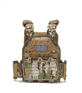 Tactical plate carrier vest featuring Multicam pattern and front MOLLE system detail