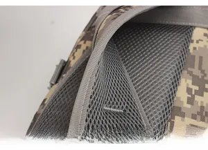 Detail of digital camouflage backpack featuring padded mesh shoulder straps for comfort
