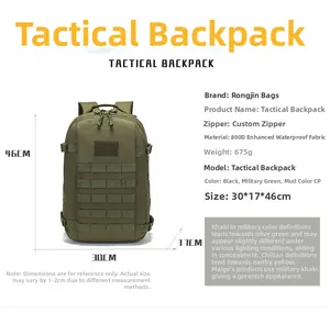 Detailed size chart for the army green tactical backpack in 800D waterproof fabric