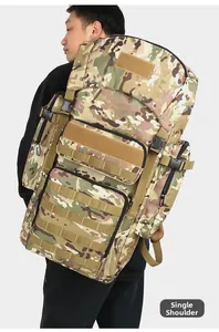 Detail view of large tactical camo backpack showing MOLLE system and single shoulder carry