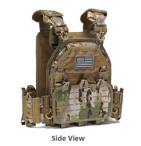 Detail view of tactical vest with quick-release buckles and laser-cut MOLLE system