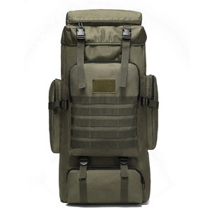 75L camouflage tactical hiking backpack in army green with MOLLE system and waterproof nylon
