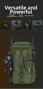 Close-up of army green fishing backpack with Molle system holding rod and reel