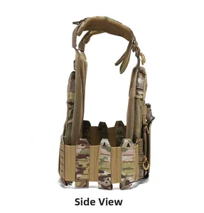 Side view of Multicam tactical vest featuring adjustable waist and MOLLE webbing system