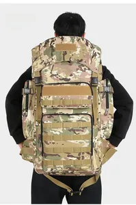 Rear view of camouflage tactical backpack showing MOLLE webbing and multi-pocket layout