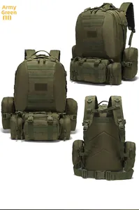 Vista a tre angoli dello zaino tattico verde militare con sistema MOLLE e tasche rimovibili