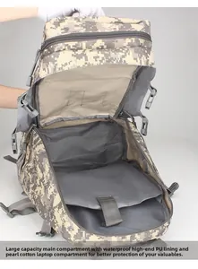 Tactical ACU camouflage backpack detail showing waterproof PU lining and laptop sleeve