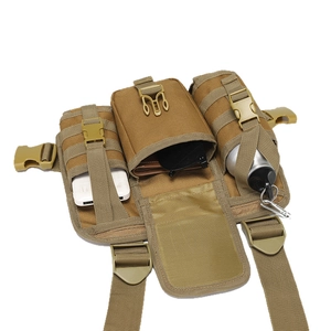 Tactical khaki nylon shoulder bag holding phone, sunglasses, and water bottle