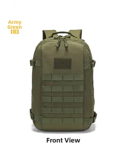 Army green tactical backpack detail showing heavy duty MOLLE webbing and velcro panel