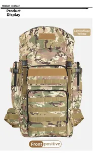 Front view detail of a 30L tactical camouflage backpack with MOLLE system and velcro panel