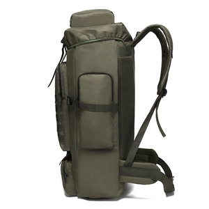 Army green 75L outdoor hiking backpack with side storage pockets and mesh back support