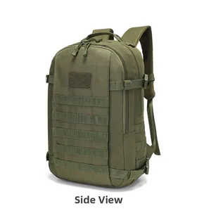Side view of military green tactical backpack showing Molle system and side compression straps