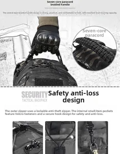 Detail of tactical backpack with seven-core paracord handle and anti-theft zipper feature
