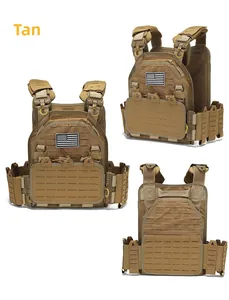 Detail view of tan tactical vest with laser-cut MOLLE system and quick-release buckles
