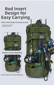 Detail of army green fishing backpack showing velcro straps and rod holder system