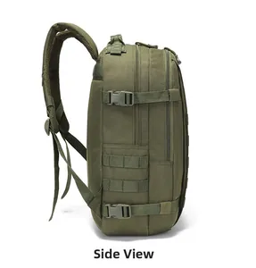 Side view of military green tactical backpack showing MOLLE system and buckle straps