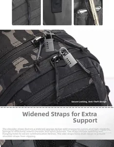 Detail of camouflage tactical backpack with TSA lock and ergonomic padded shoulder straps
