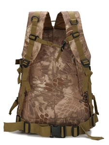 Tactical 3D backpack in python camouflage featuring ergonomic padded shoulder straps and waist belt