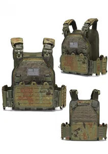 Three-view layout of adjustable camouflage tactical vest with quick-release buckles