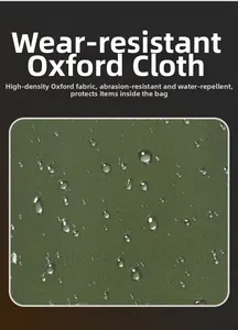 Macro shot of waterproof army green Oxford fabric with clear water droplets on lure bag