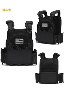 Three-view layout of black tactical plate carrier with Molle system and flag patch detail