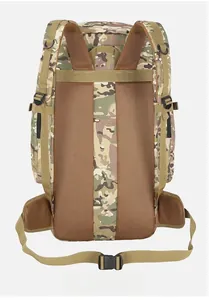 Ergonomic back view of a 30L camouflage tactical backpack with breathable mesh padding
