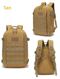 Detailed views of tan tactical backpack featuring MOLLE webbing and breathable mesh back