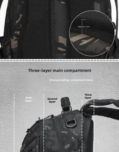 Tactical camo backpack detail showing triple compartments and 2cm back cushioning pads