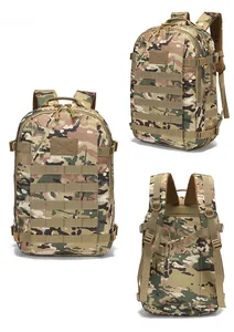 Three-way view of tactical camouflage backpack showing Molle system and back harness