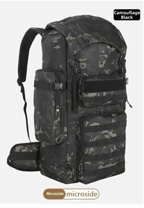 Side view of 30L camo black tactical backpack with MOLLE system for hiking and camping