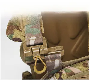 Detail of tactical vest quick release buckle with PUSH logo and paracord zipper pull
