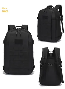 Three-way view of black tactical backpack with MOLLE system and breathable padded back