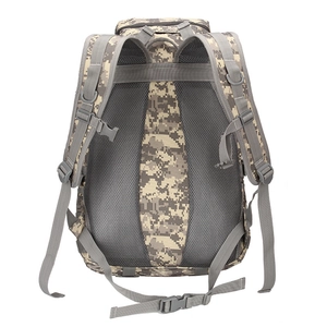 Tactical camouflage backpack with ergonomic shoulder straps and breathable mesh back padding