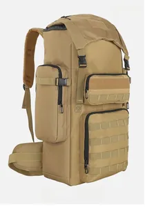 Macro detail of khaki 30L tactical backpack showing MOLLE webbing and side storage pouches
