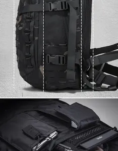 Macro view of interior storage compartments with mesh pockets in tactical backpack