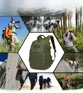 Detail of military green tactical backpack showing Molle webbing and paracord handle