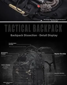Detail of tactical camouflage backpack showing the MOLLE system and internal storage space