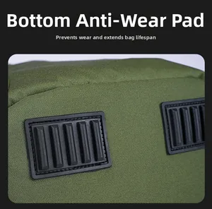 Detail of the reinforced anti-wear rubber pads on the bottom of the fishing backpack