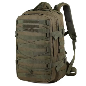 Army green tactical backpack with MOLLE system and multiple storage compartments for hiking