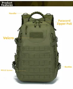 Detail of army green tactical backpack showing MOLLE system, velcro area and paracord handle