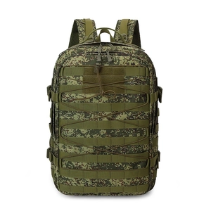 Front view of tactical backpack featuring digital camo pattern and MOLLE webbing system