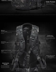 Detail view of tactical backpack featuring breathable padded straps and MOLLE system