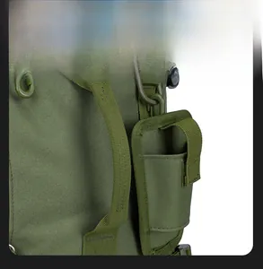 Detail of reinforced padded handle on army green tactical fishing backpack for outdoor use