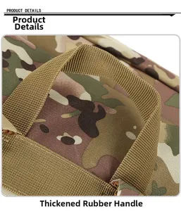 Macro view of the thickened rubber handle and durable woodland camo fabric on tactical bag