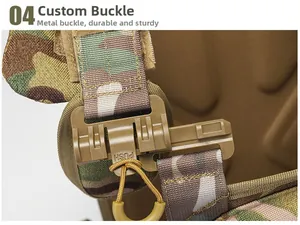 Detail of quick-release buckle with PUSH instruction on camo tactical vest webbing