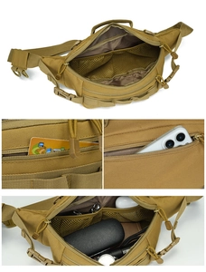 Detail view of khaki nylon tactical waist bag showing interior mesh dividers and compartments
